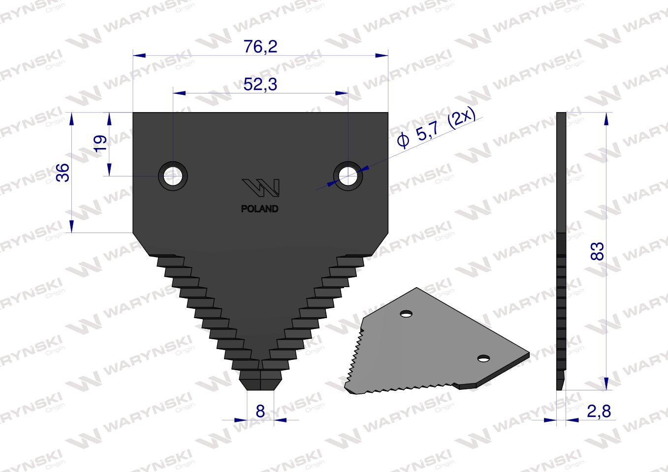 Nóż żniwny 83x76x3mm otwór 5.7 zastosowanie H213800 Schumacher WARYŃSKI ( sprzedawane po 25 )