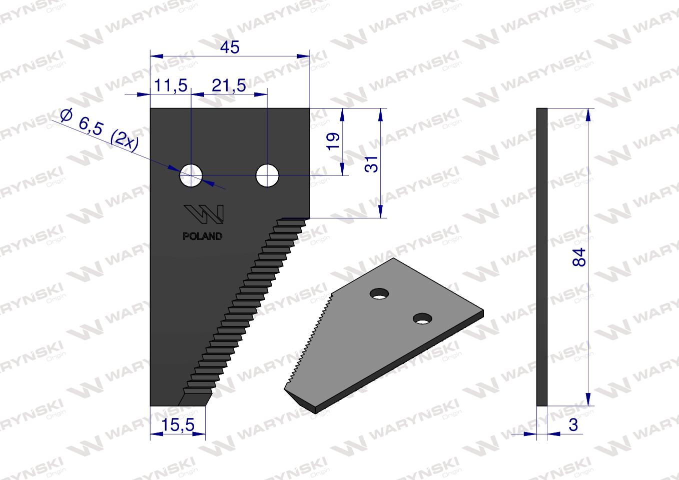 Nóż żniwny końcowy 84x45x3mm otwór 6.5 24 zęby zastosowanie 6112041 Claas WARYŃSKI ( sprzedawane po 25 )