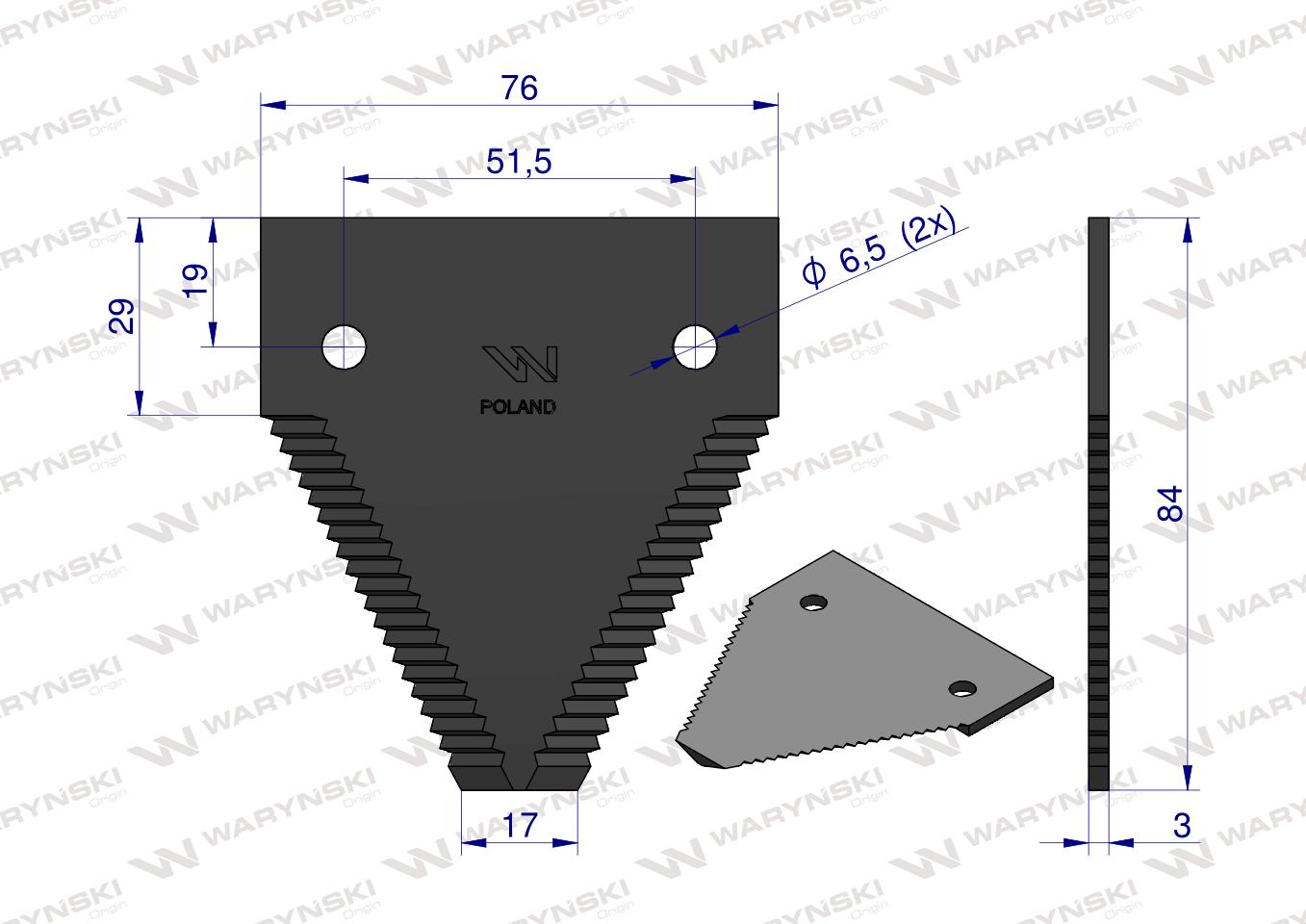 Nóż żniwny 84x76x3mm otwór 6.5 zastosowanie 611203.1 Claas WARYŃSKI ( sprzedawane po 25 )
