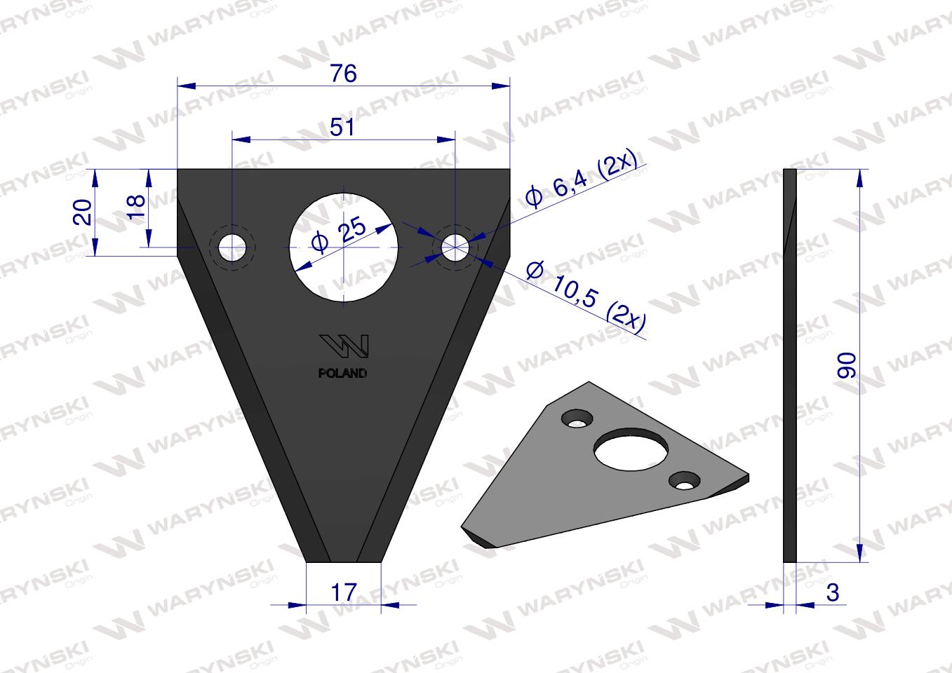 Nóż żniwny 90x76x3mm otwór 6.5 zastosowanie D18 Fortschritt WARYŃSKI ( sprzedawane po 25 )