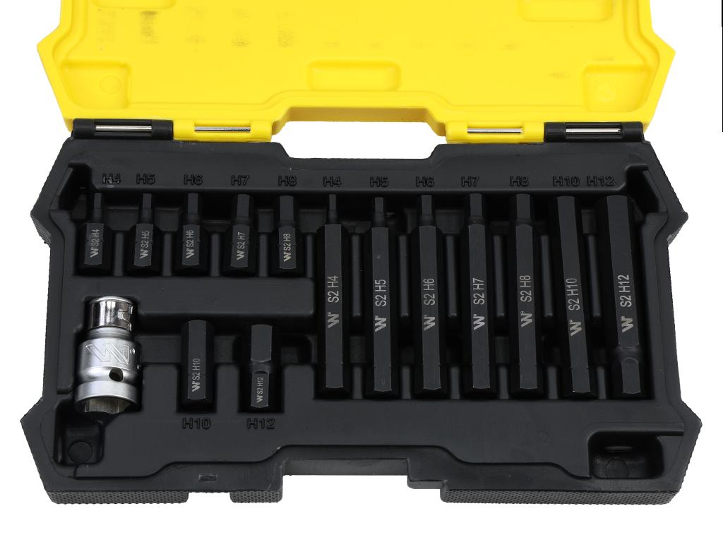 Zestaw bitów, 75mm hex ze stali S2 pokrycie antykorozyjne z adapterem 1/2" 15 el., Waryński