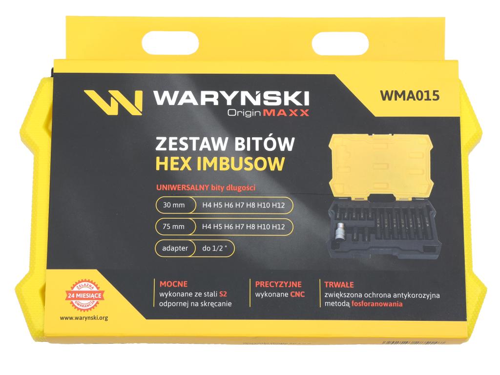 Zestaw bitów, 75mm hex ze stali S2 pokrycie antykorozyjne z adapterem 1/2" 15 el., Waryński