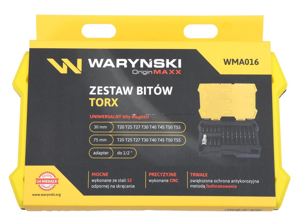 Zestaw bitów, 75mm torx ze stali S2 pokrycie antykorozyjne z adapterem 1/2" 17 el., Waryński