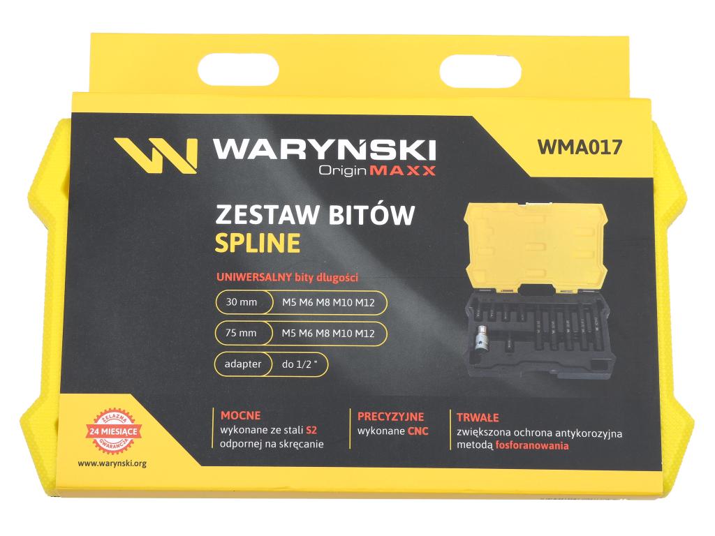 Zestaw bitów, 75mm spline ze stali S2 pokrycie antykorozyjne z adapterem 1/2" 11 el., Waryński