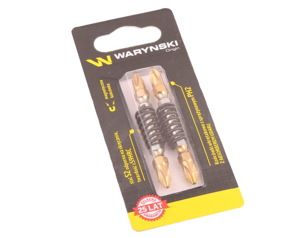 Końcówki wkrętakowe z absorberem sprężynowym PH2 65mm Waryński komplet w blistrze dwusztukowym