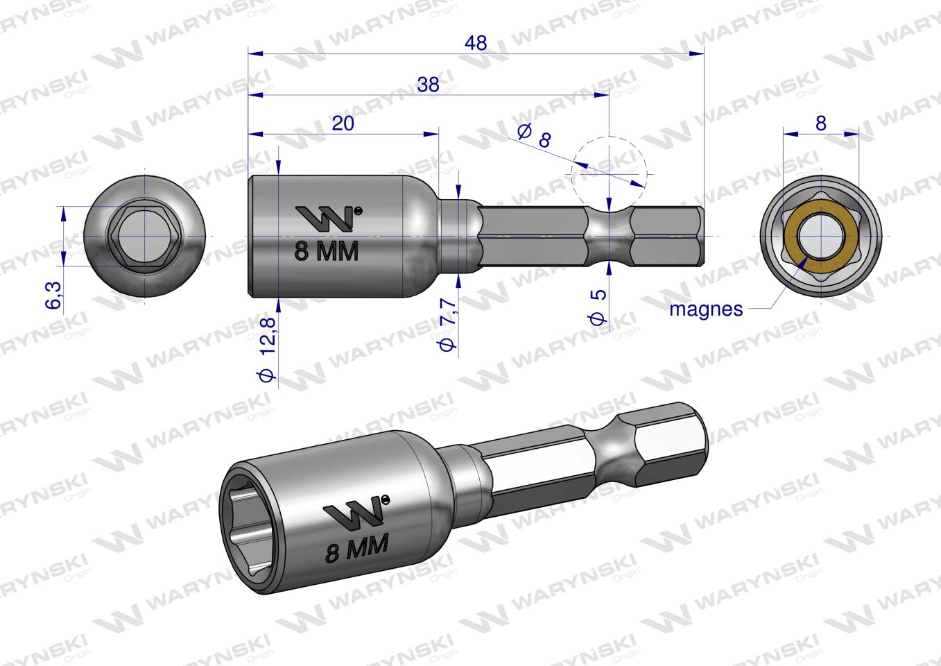 Nasadka 8mm z uchwytem narzędziowym do wkretarki długość 48 mm Waryński