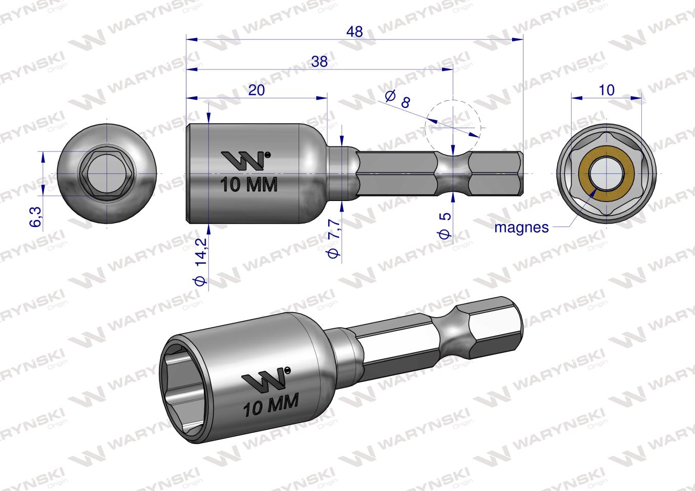 Nasadka 10mm z uchwytem narzędziowym do wkretarki długość 48 mm Waryński