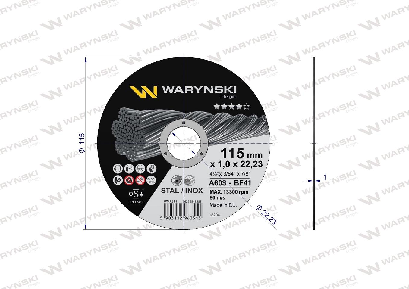 Tarcza do cięcia metalu 115 x1.0 x22.23 mm Waryński (sprzedawana po 5 szt w op.5 szt)