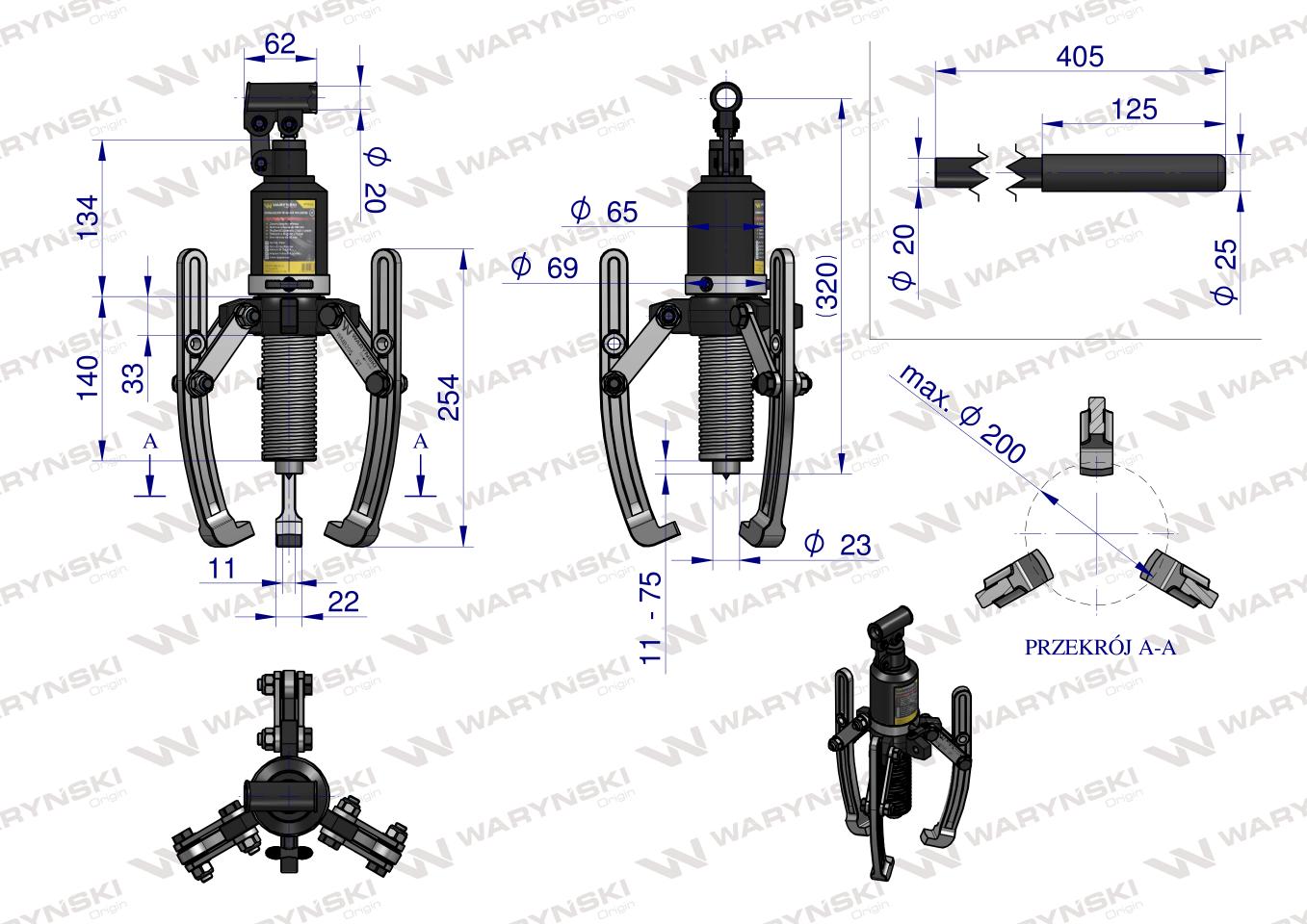 Ściągacz do łożysk, hydrauliczny 5T z zaworami bezpieczeństwa, Waryński