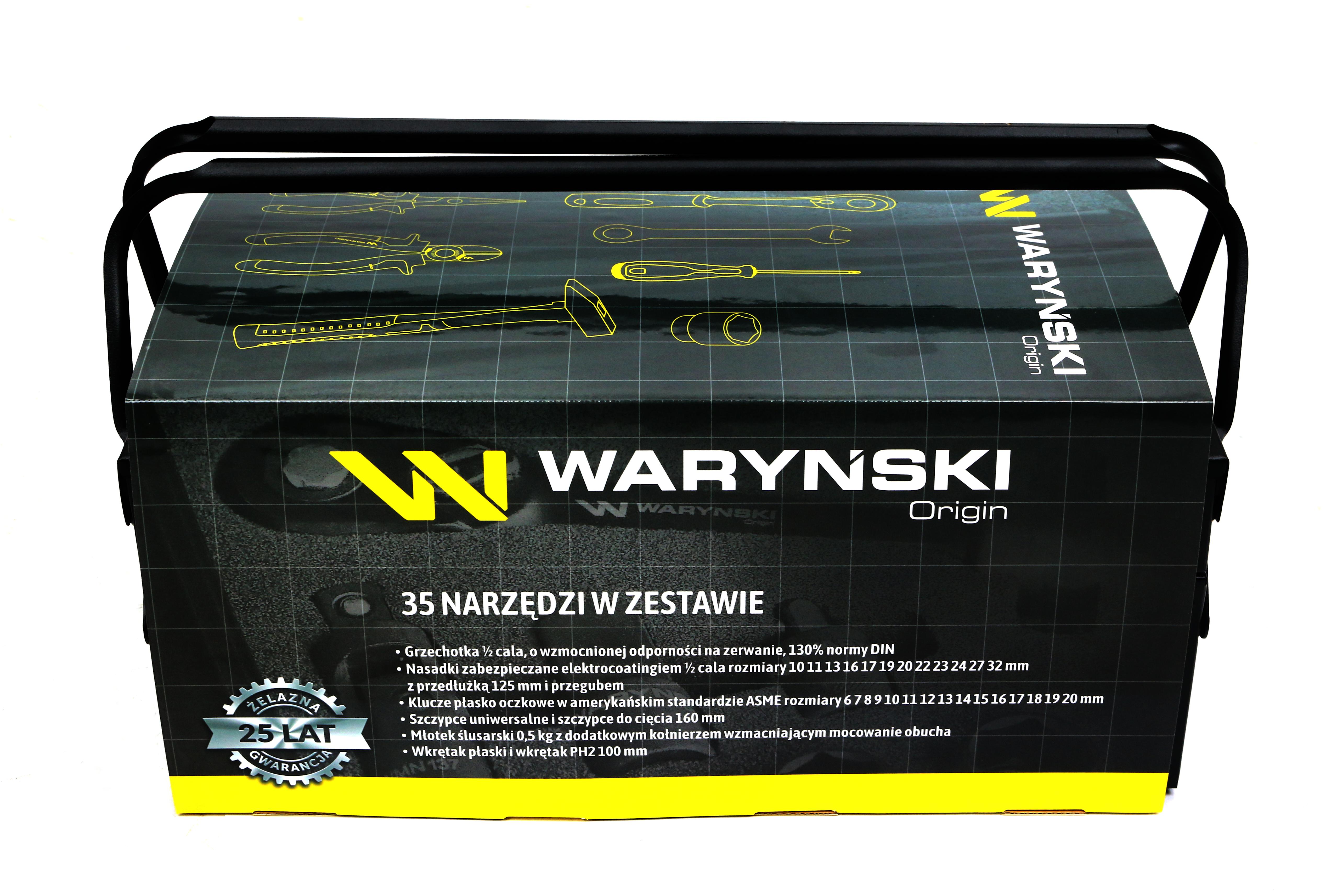 Zestaw narzędzi nasadek i kluczy w metalowej skrzynce Waryński