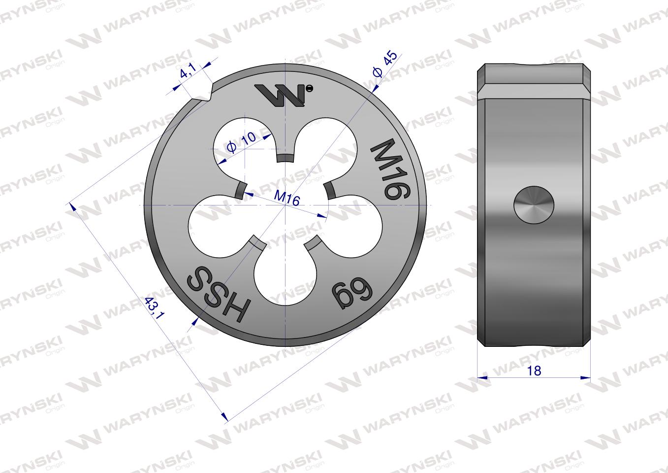 Narzynka przemysłowa M16x2 ze stali HSS DIN22568 Warynski