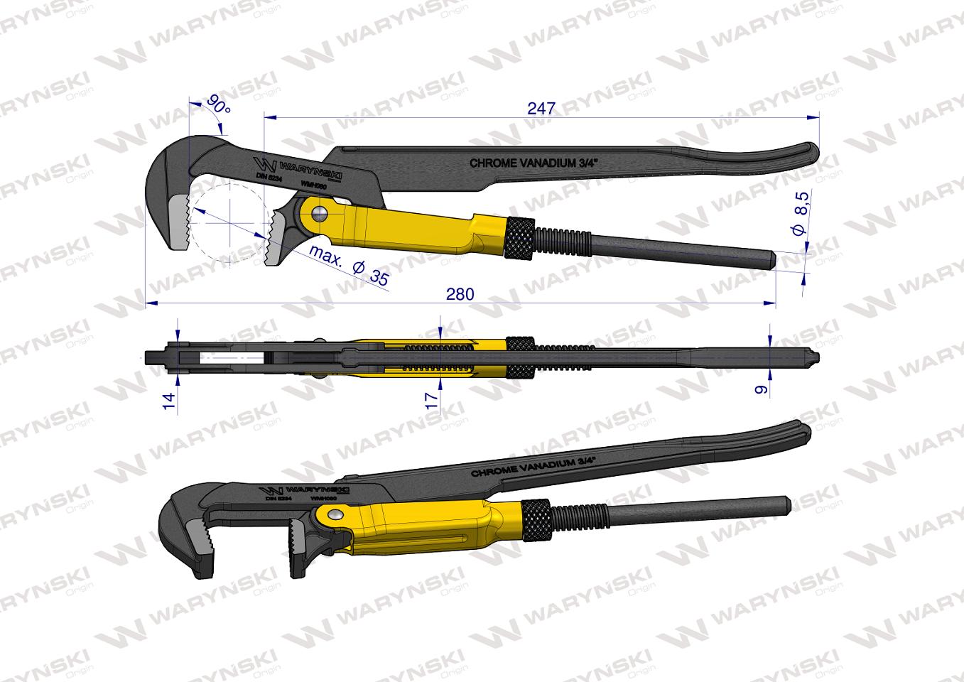 Szczypce nastawne 0,75" szwedzkie do rur szczęki typ 90° o rozstawie max 35mm długość 280mm Waryński