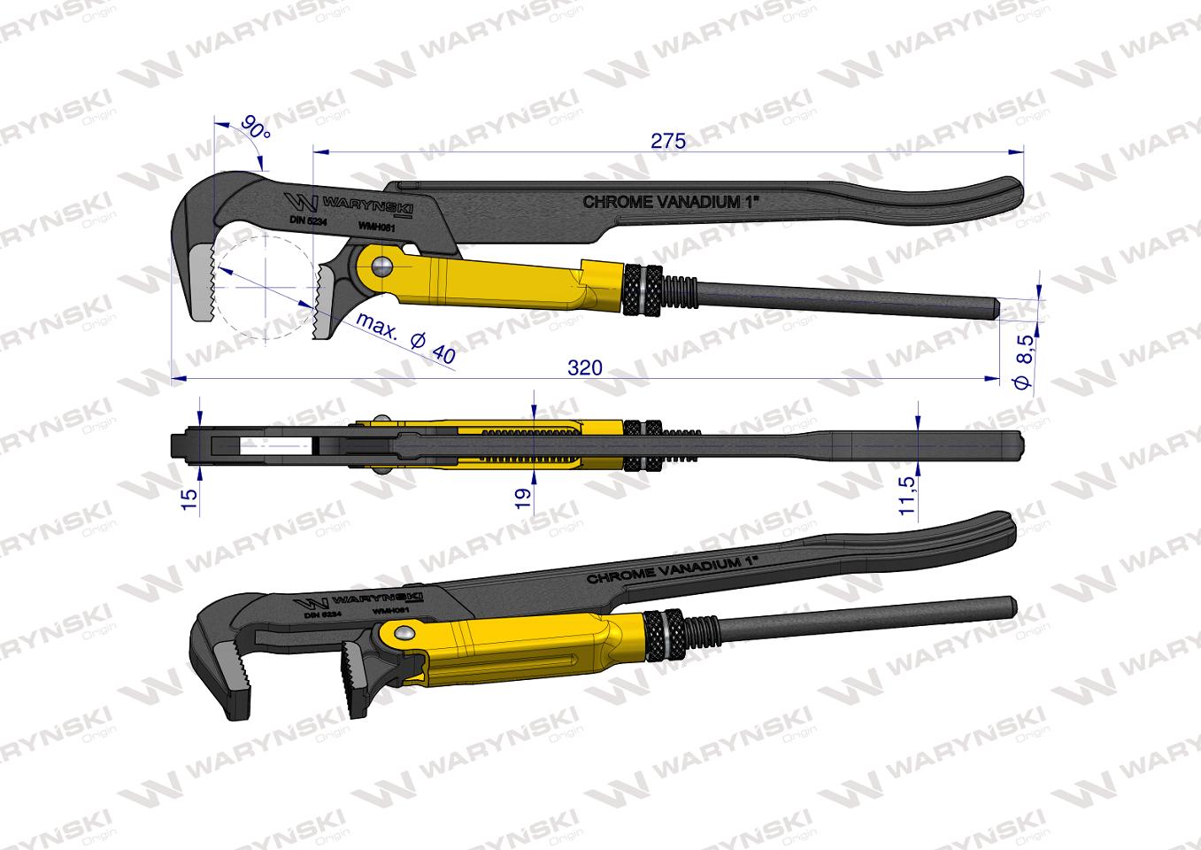 Szczypce nastawne 1" szwedzkie do rur szczęki typ 90° o rozstawie max 40mm  długość 320mm Waryński