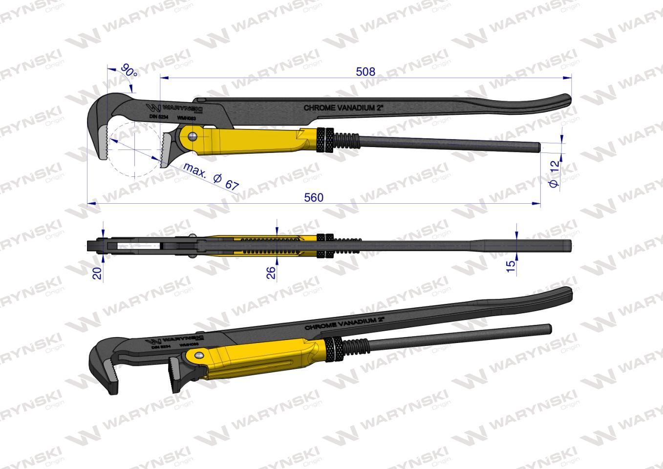 Szczypce nastawne szwedzkie do rur szczęki typ 90° o rozstawie max 67mm 2" długość 560mm Waryński
