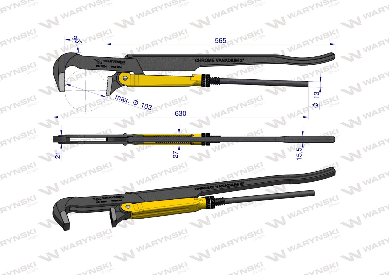 Szczypce nastawne szwedzkie do rur szczęki typ 90° o rozstawie max 103mm 3" długość 630mm Waryński