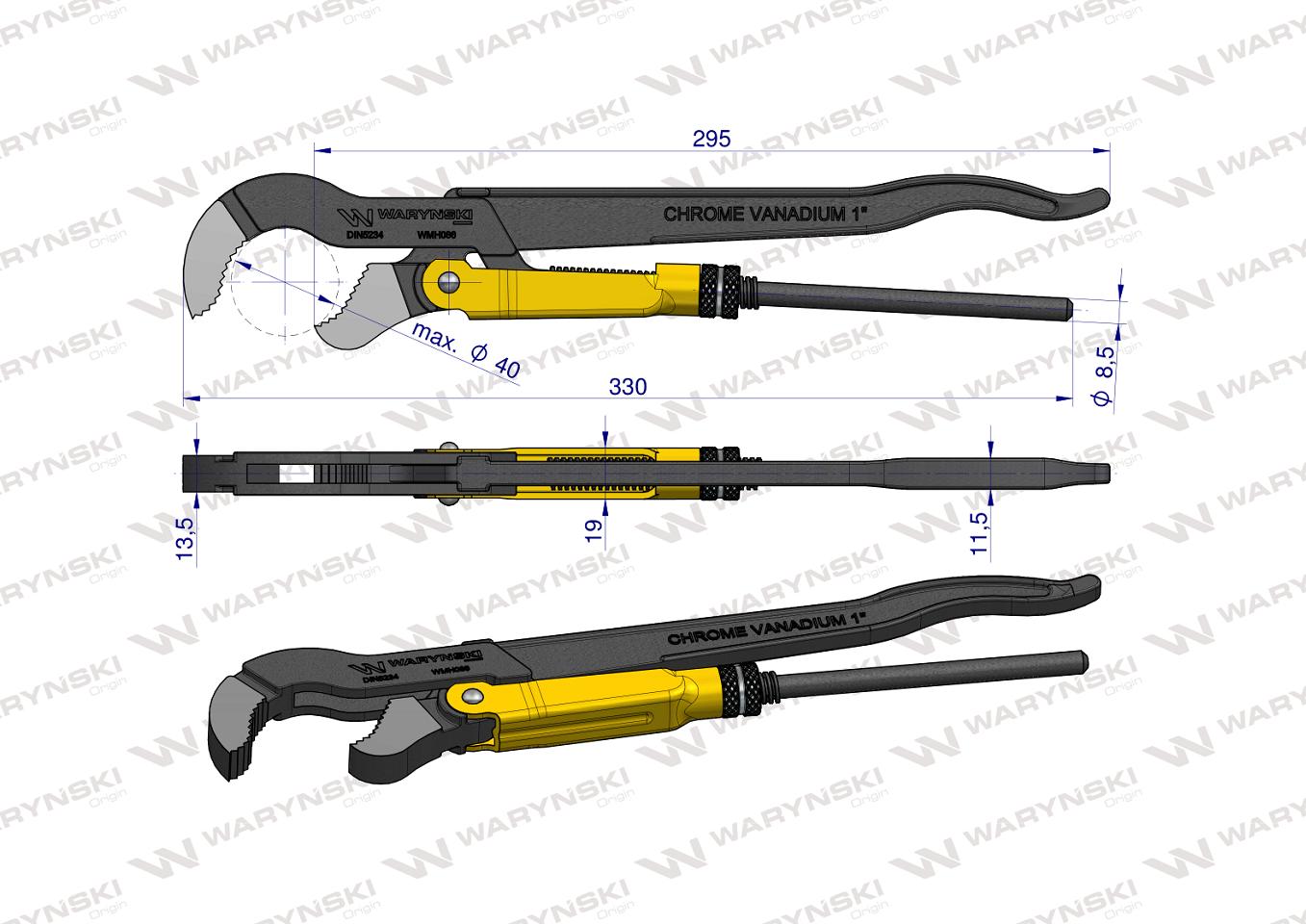 Szczypce nastawne szwedzkie do rur szczęki typ S o rozstawie max 40mm długość 330mm  Waryński
