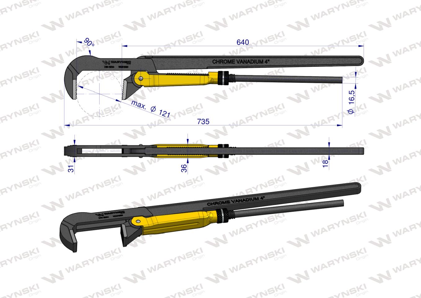 Szczypce nastawne szwedzkie do rur szczęki typ 90° o rozstawie max 121mm długość 735mm Waryński