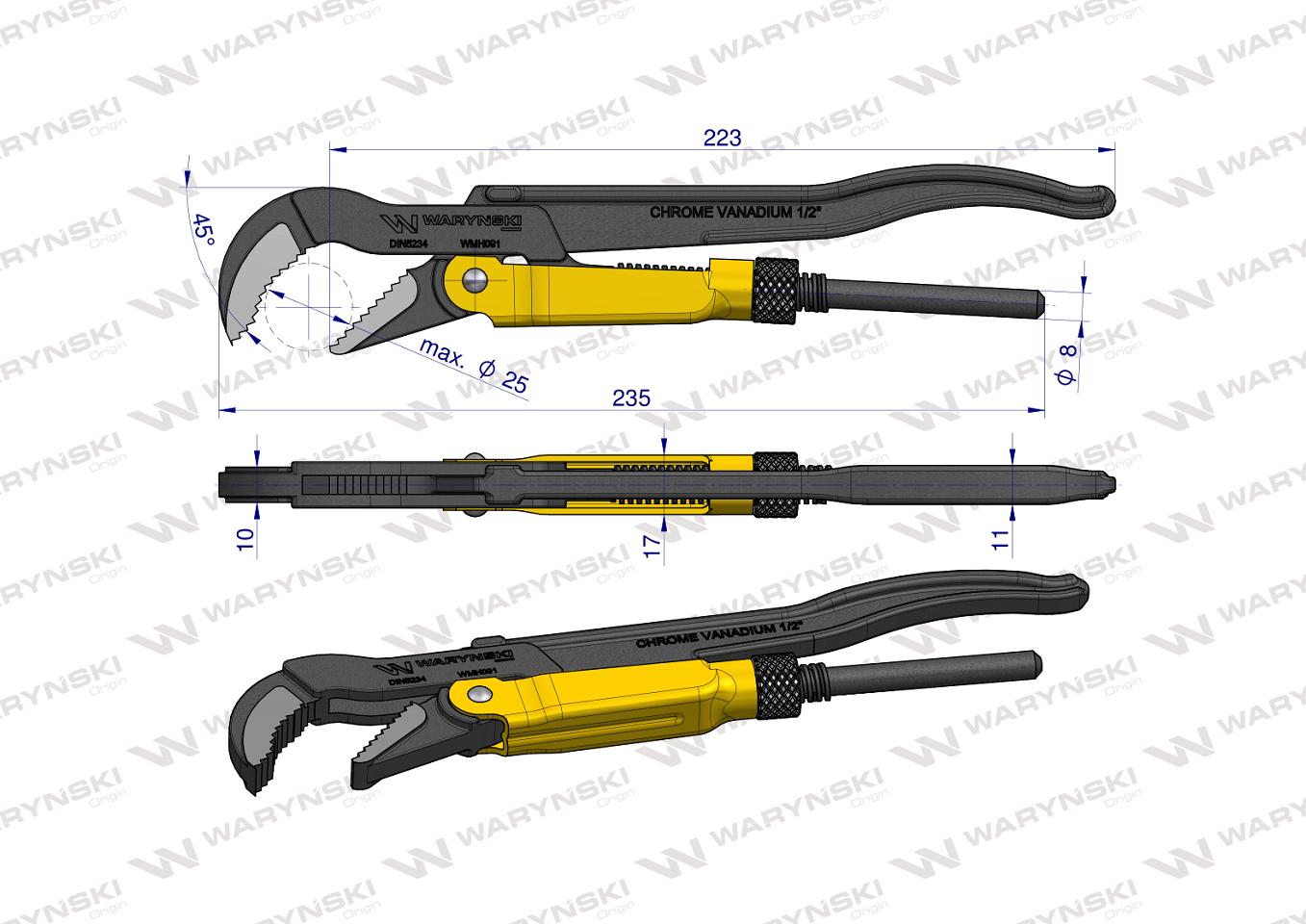 Szczypce nastawne szwedzkie do rur szczęki typ 45° o rozstawie max 25mm długość 235mm Waryński