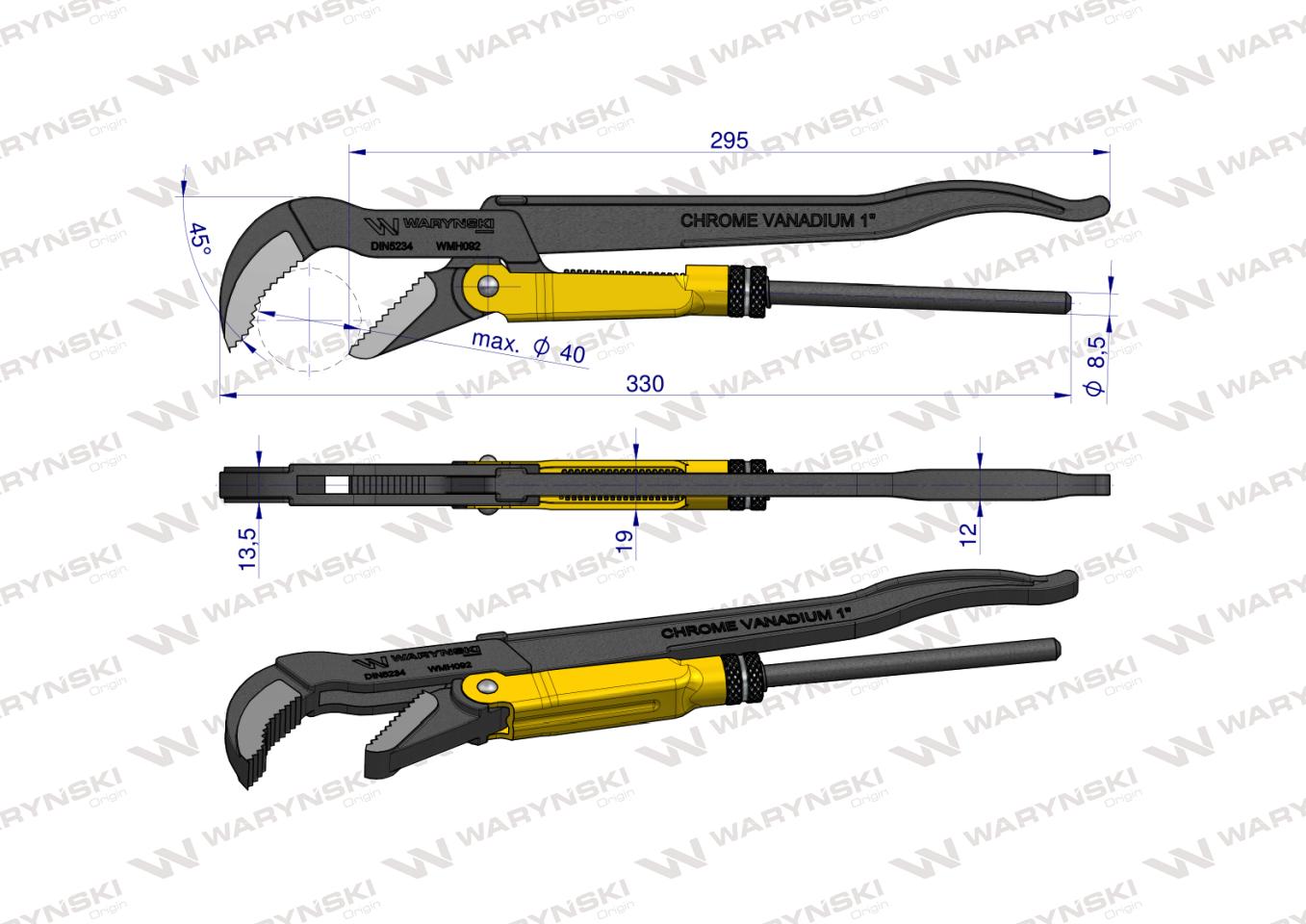 Szczypce nastawne szwedzkie do rur szczęki typ 45° o rozstawie max 40mm długość 330mm  Waryński