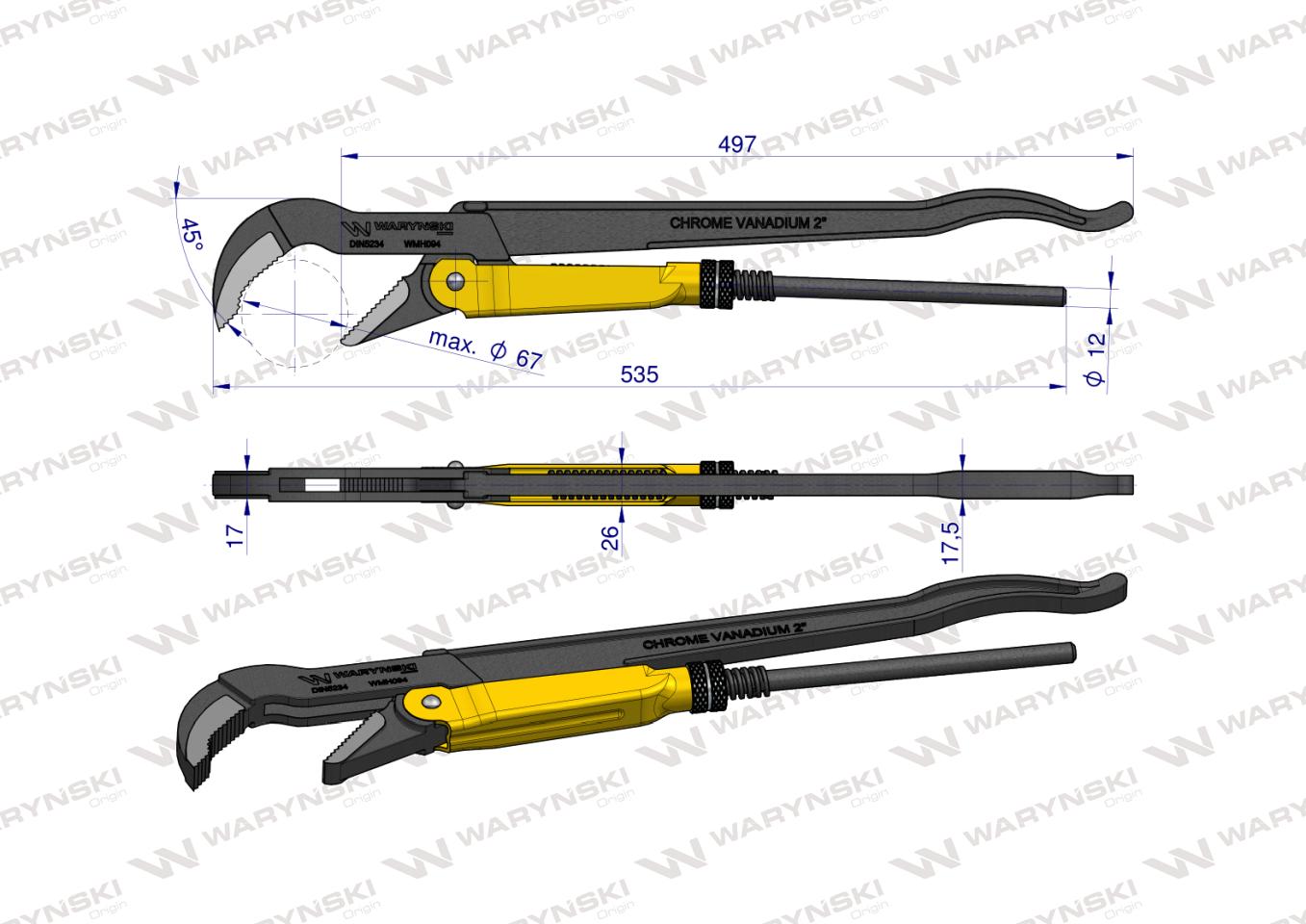 Szczypce nastawne szwedzkie do rur szczęki typ 45° o rozstawie max 67mm długośc 535mm Waryński