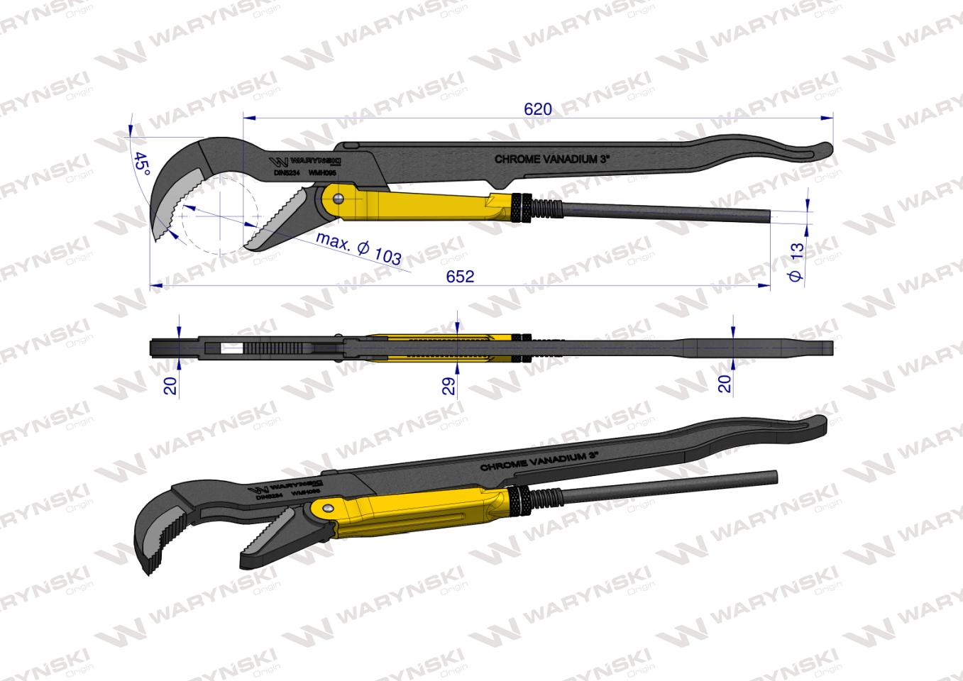 Szczypce nastawne szwedzkie do rur szczęki typ 45° o rozstawie max 103mm długość 652mm Waryński