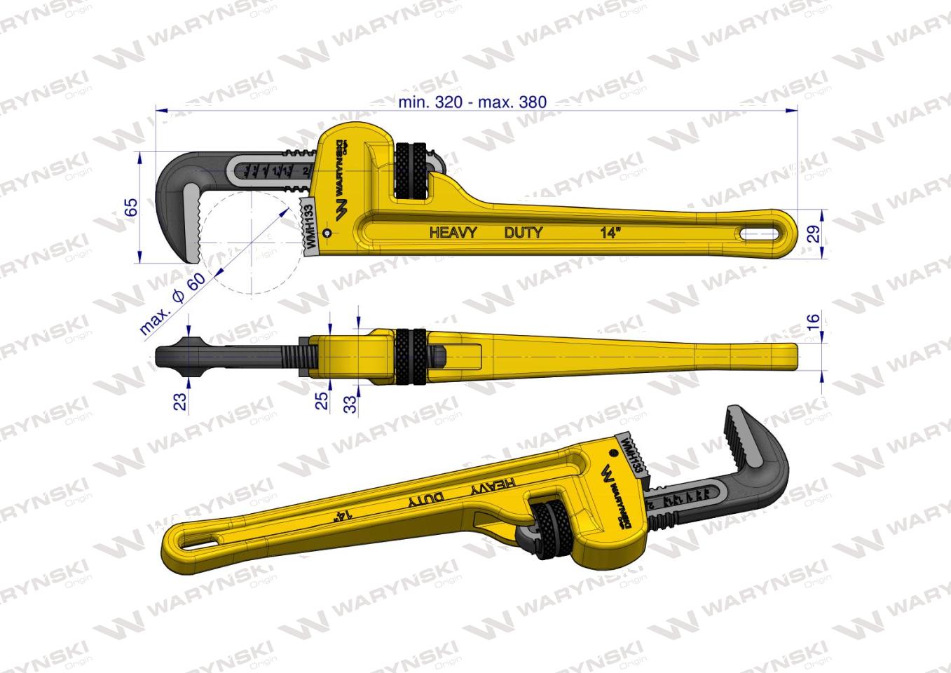 Klucz do rur typ amerykański 14" wzmocniony szczęki CrMo max średnica 60 mm Waryński