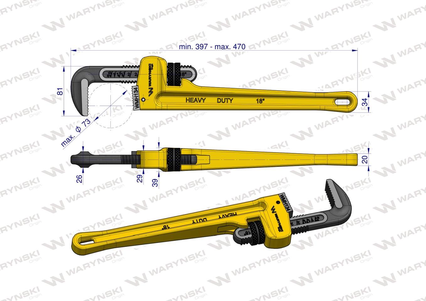 Klucz do rur typ amerykański 18" wzmocniony szczęki CrMo max średnica 73 mm Waryński