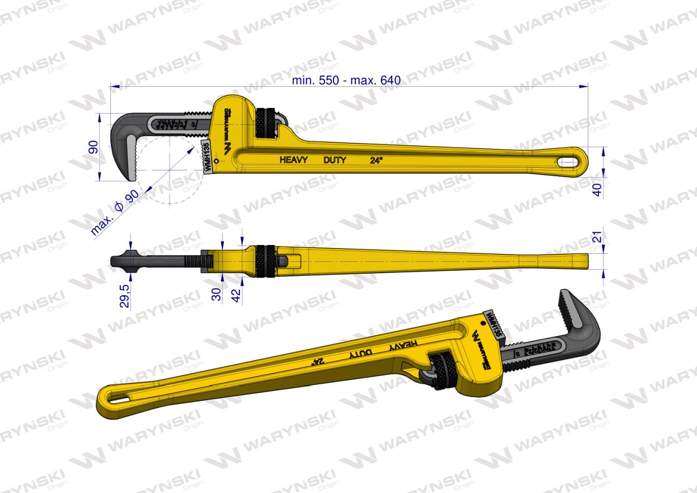 Klucz do rur typ amerykański 24" wzmocniony szczęki CrMo max średnica 90 mm  Waryński