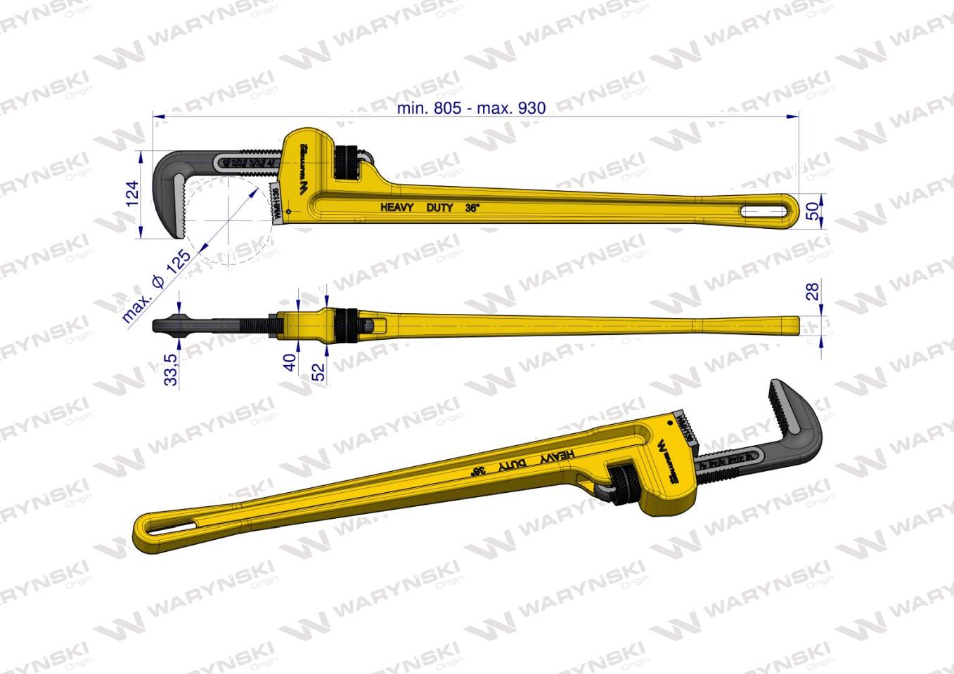 Klucz do rur typ amerykański 36" wzmocniony szczęki CrMo max średnica 125 mm Waryński