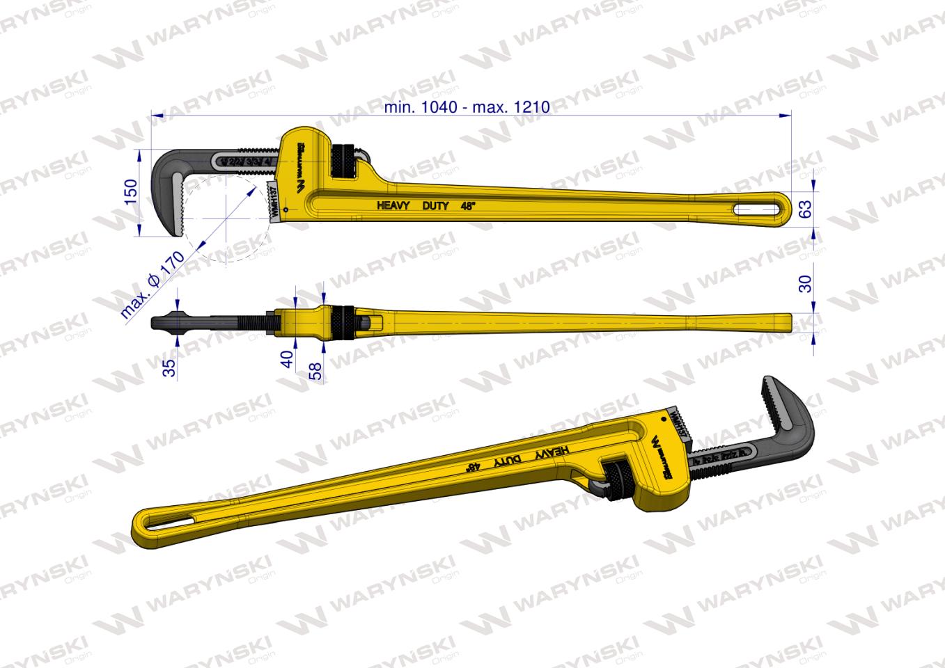 Klucz do rur typ amerykański 48" wzmocniony szczęki CrMo max średnica 170 mm Waryński