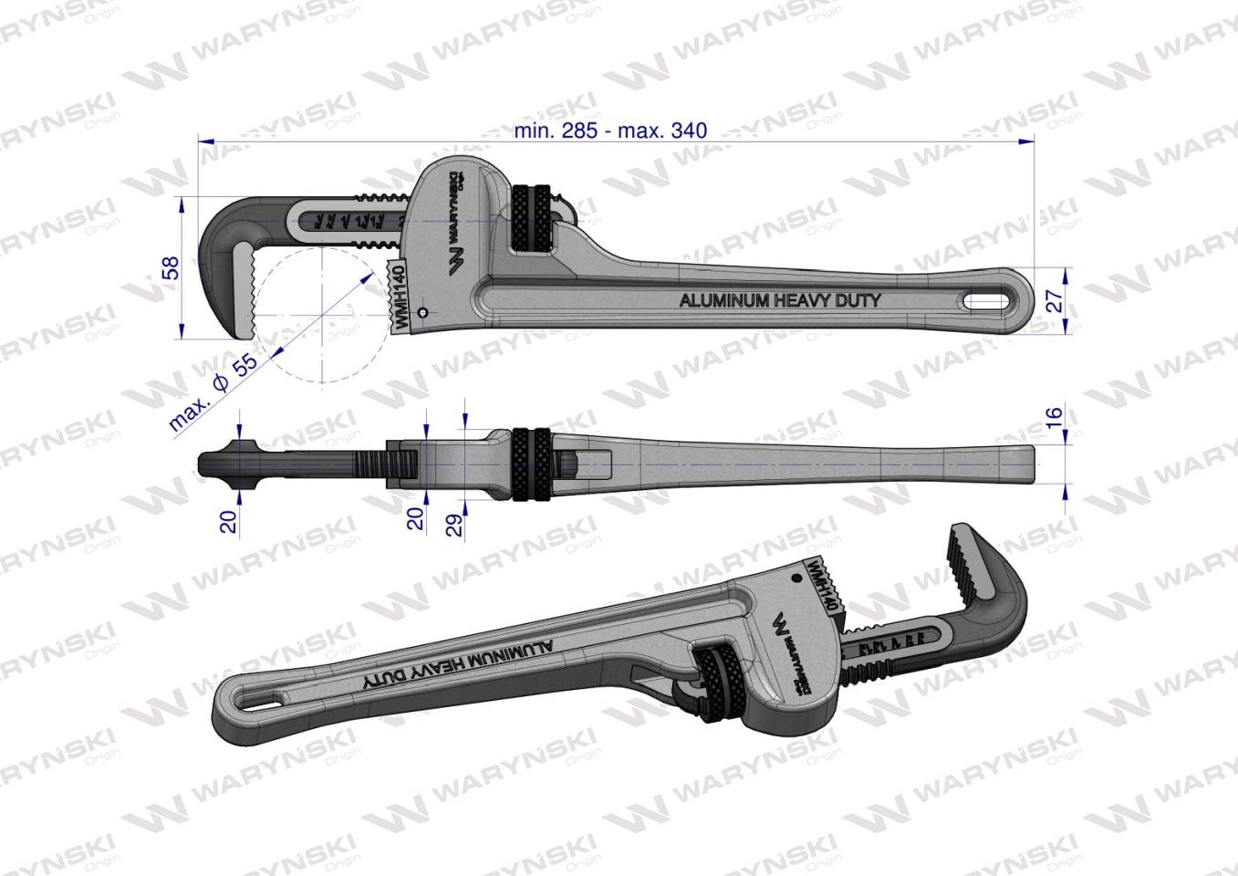 Klucz do rur typ amerykański   12" uchwyt aluminium wzmocniony szczęki CrMo max średnica Waryński