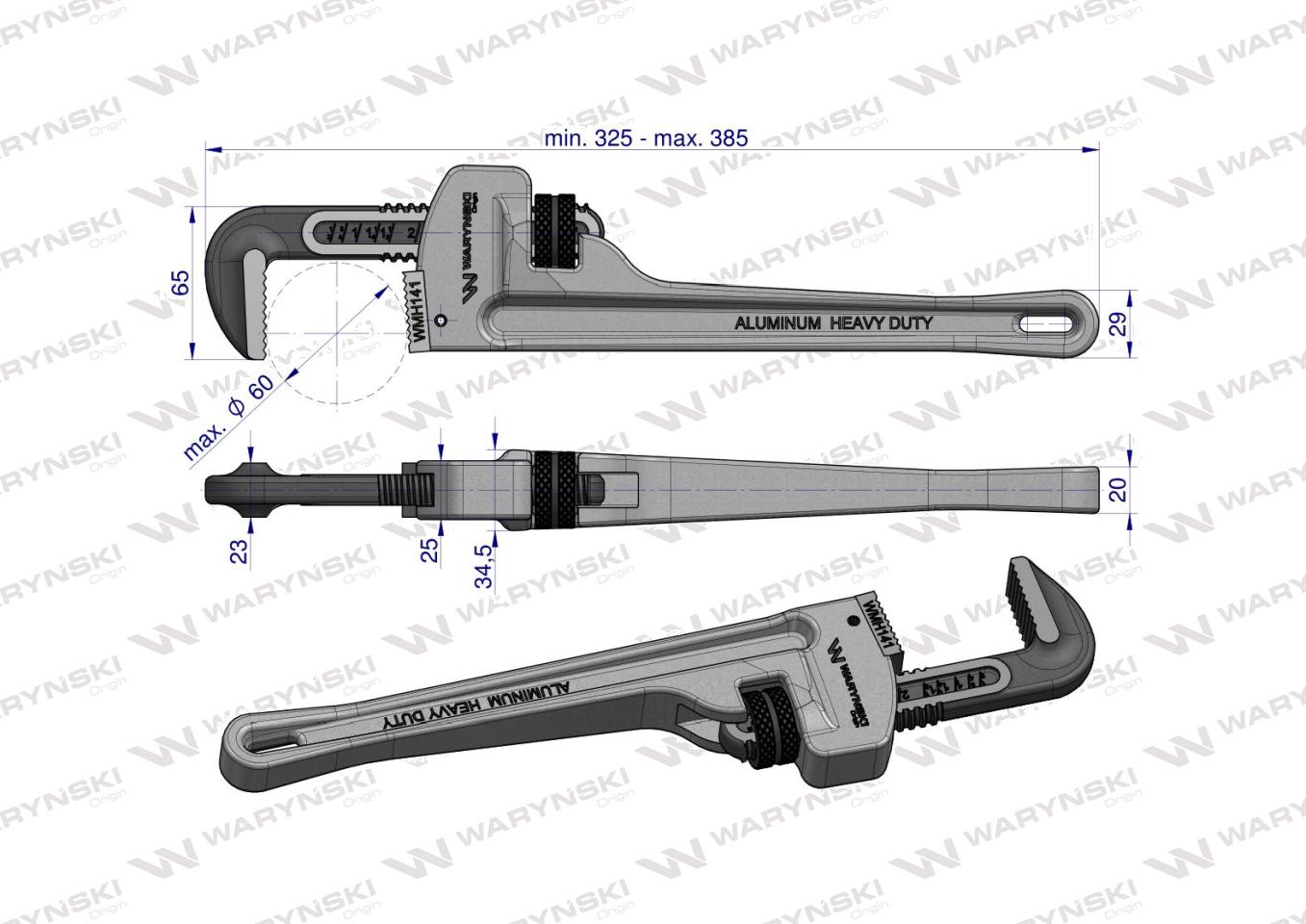 Klucz do rur typ amerykański   14" uchwyt aluminium wzmocniony szczęki CrMo max średnica Waryński