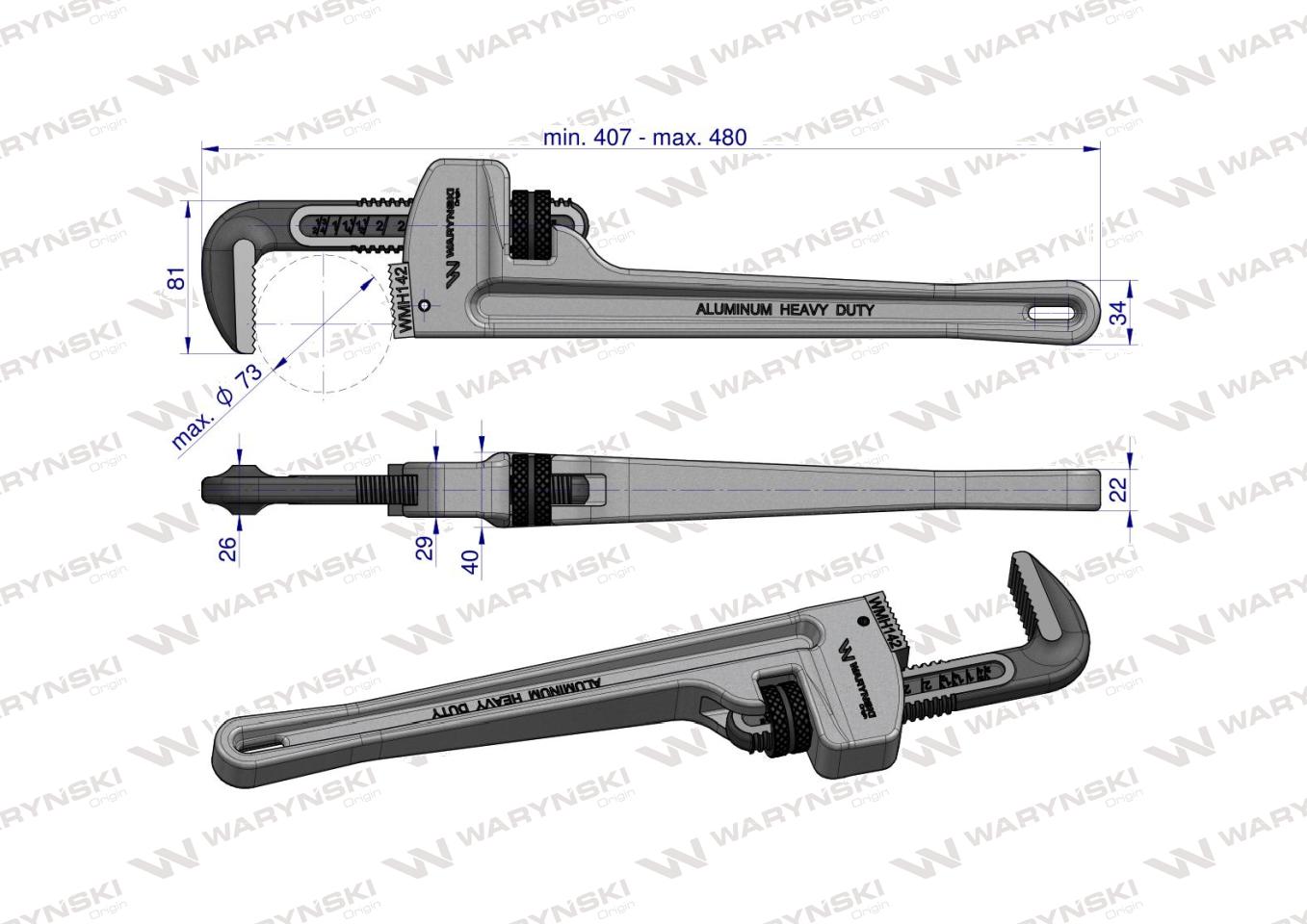Klucz do rur typ amerykański  18" uchwyt aluminium wzmocniony szczęki CrMo max średnica Waryński