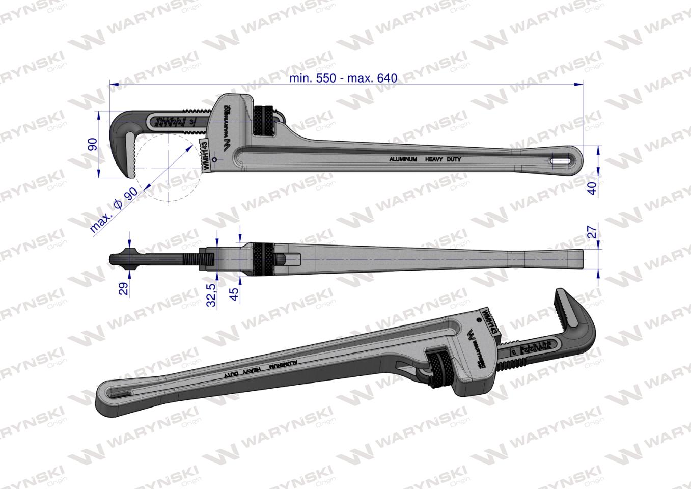 Klucz do rur typ amerykański   24" uchwyt aluminium wzmocniony szczęki CrMo max średnica Waryński
