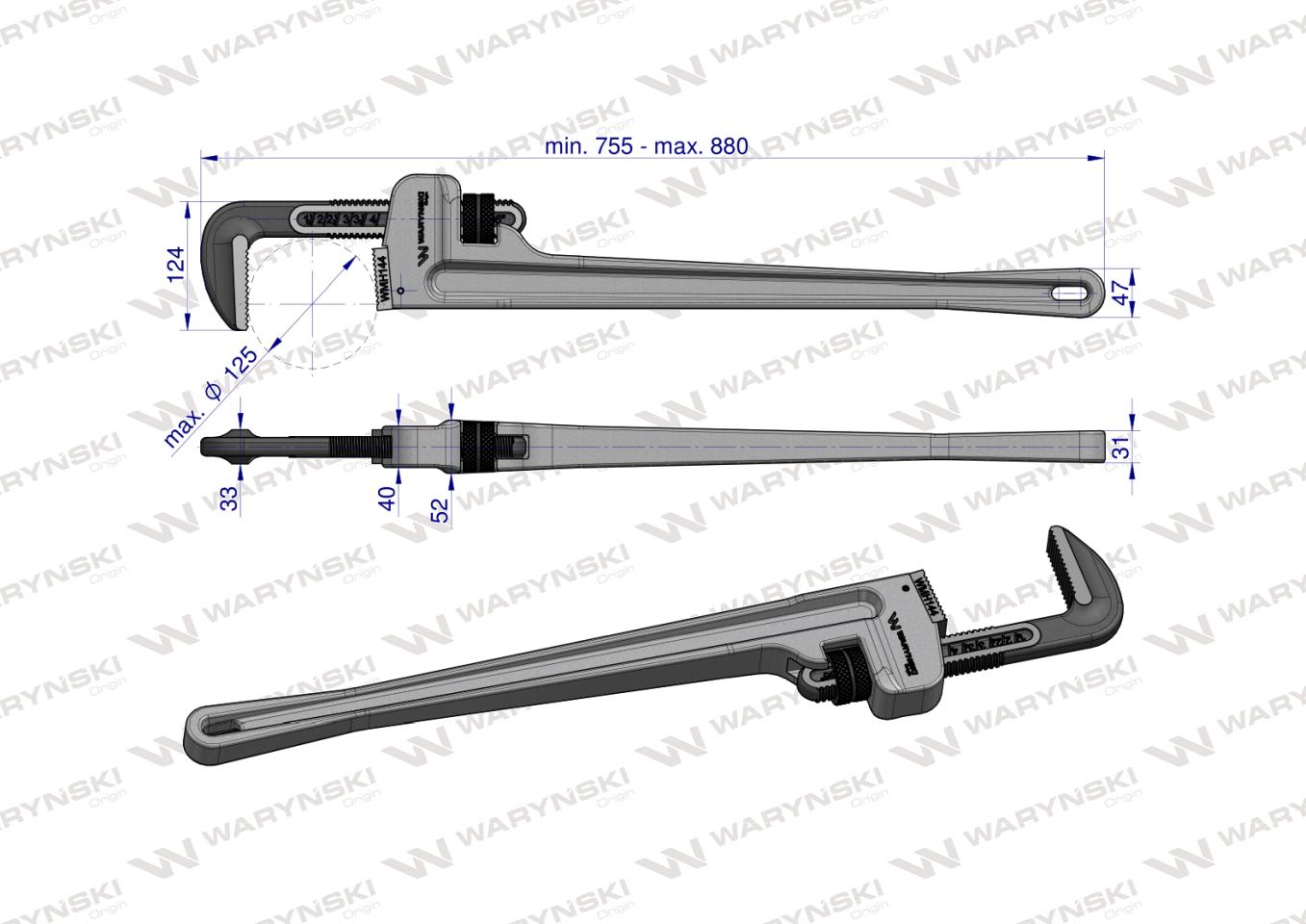Klucz do rur typ amerykański   36" uchwyt aluminium wzmocniony szczęki CrMo max średnica Waryński