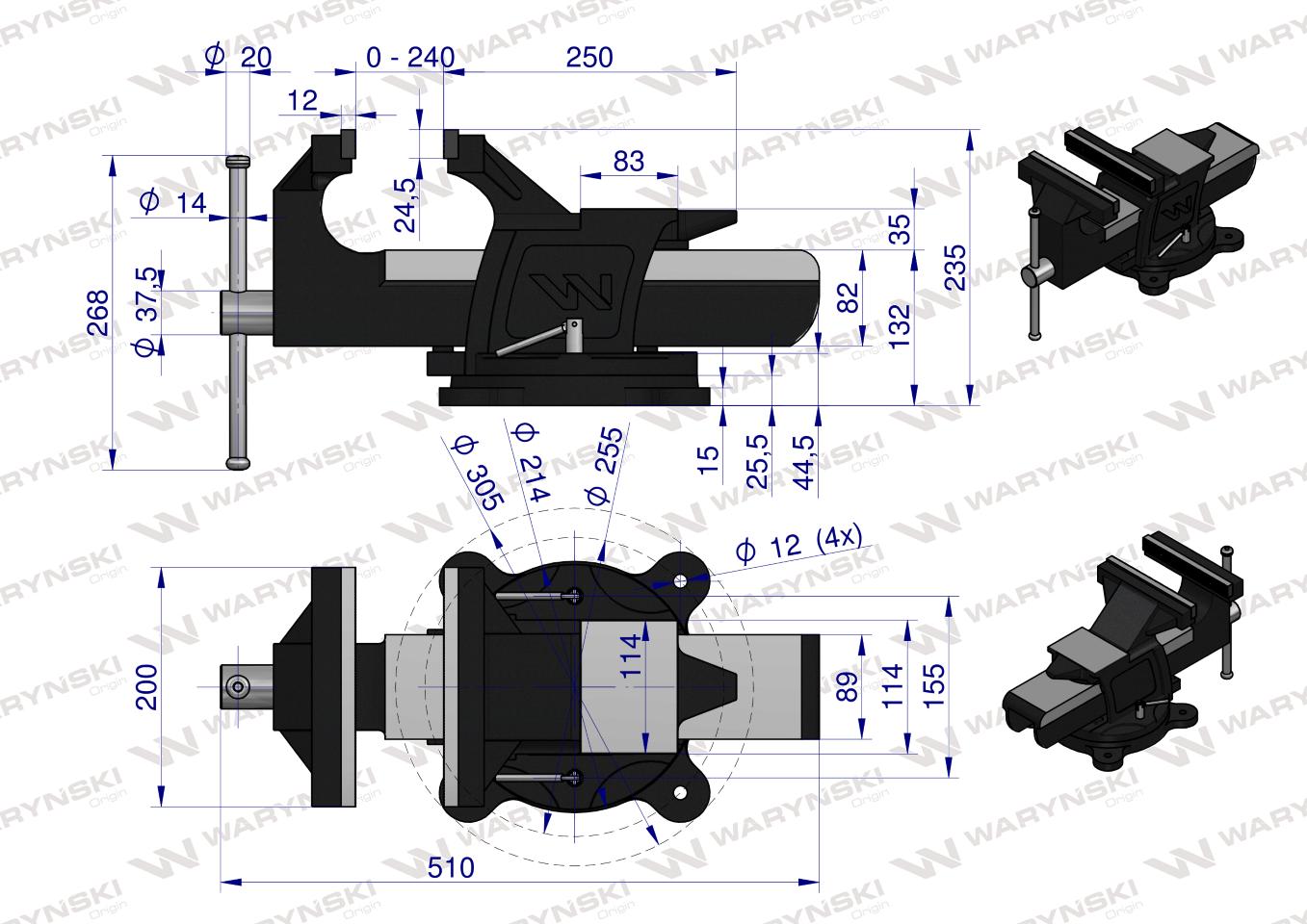 Imadło ślusarskie przemysłowe z żeliwa sferoidalnego obrotowe 200 mm Waryński