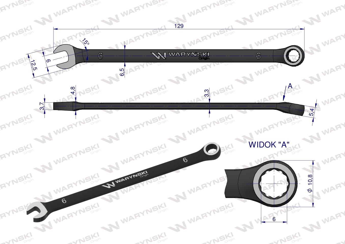 Klucz płasko-oczkowy 6 mm. CrV standard ASME B107-2010 Waryński