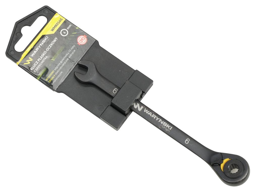 Klucz płasko-oczkowy 6mm z grzechotką podgiętą dwukierunkową 72 zęby standard ASME B107-2010, Waryński