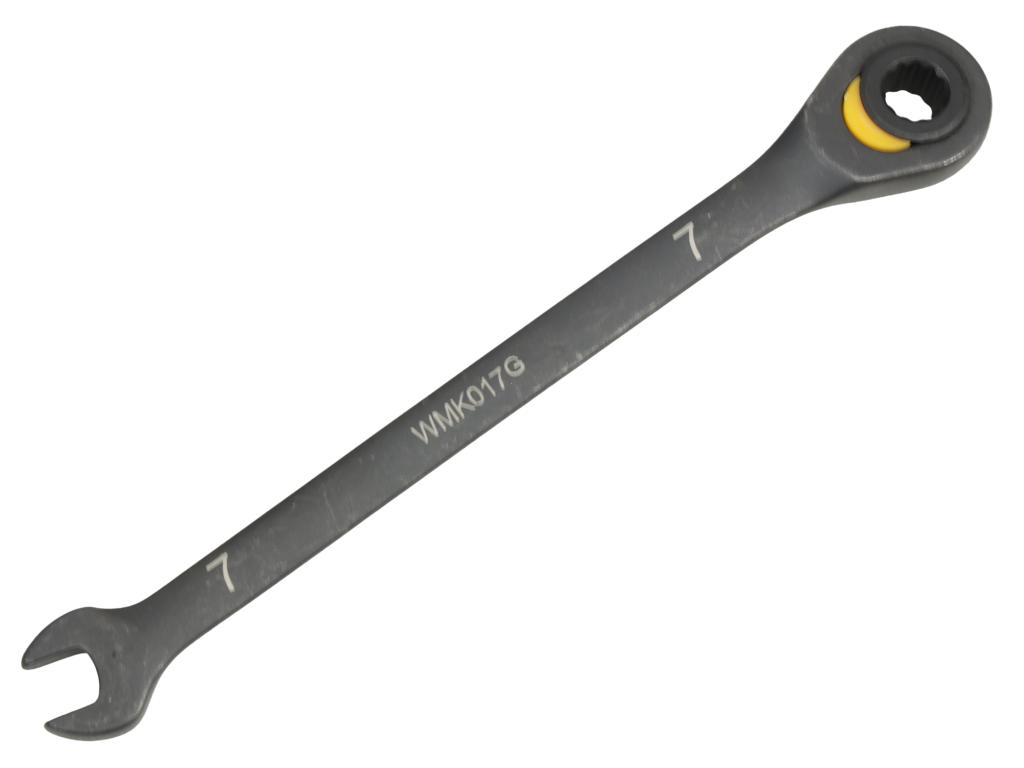 Klucz płasko-oczkowy 7mm z grzechotką podgiętą dwukierunkową 72 zęby standard ASME B107-2010, Waryński