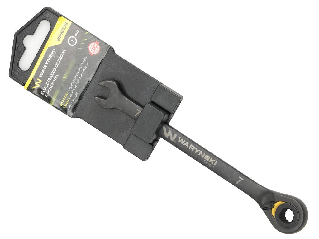 Klucz płasko-oczkowy 7mm z grzechotką podgiętą dwukierunkową 72 zęby standard ASME B107-2010, Waryński