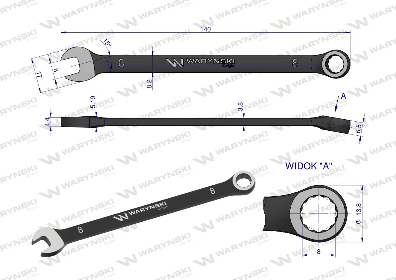 Klucz płasko-oczkowy 8 mm. CrV  standard ASME B107-2010 Waryński