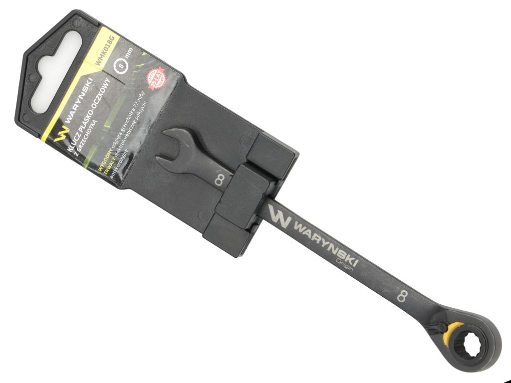Klucz płasko-oczkowy 8mm z grzechotką podgiętą dwukierunkową 72 zęby standard ASME B107-2010, Waryński