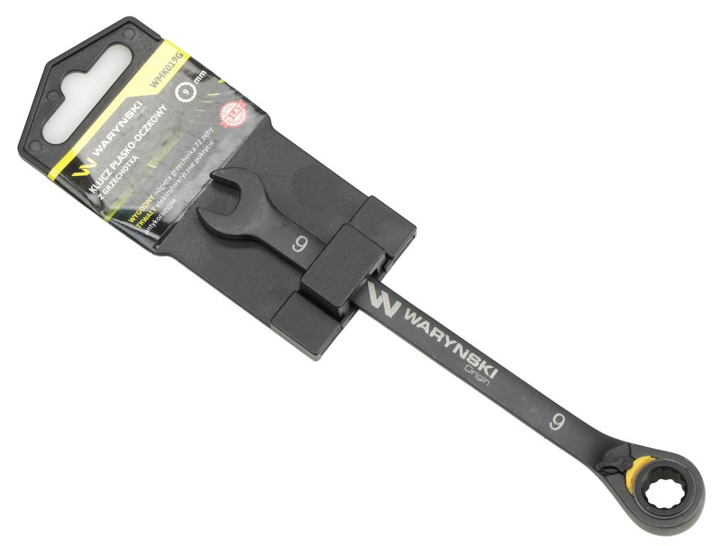 Klucz płasko-oczkowy 9mm z grzechotką podgiętą dwukierunkową 72 zęby standard ASME B107-2010, Waryński