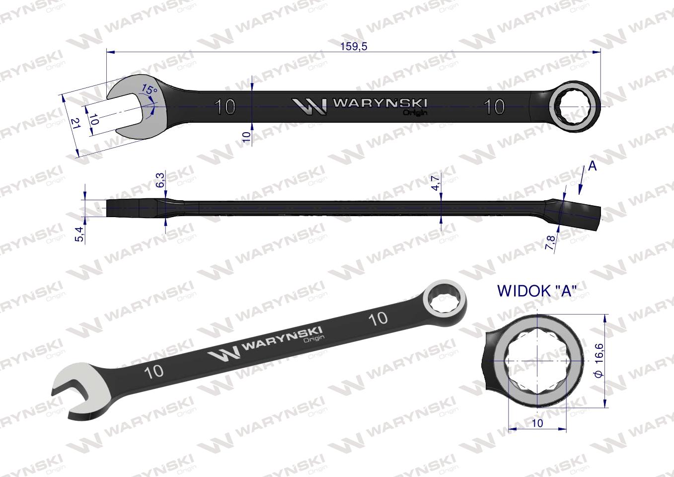 Klucz płasko-oczkowy 10 mm. CrV standard ASME B107-2010 Waryński