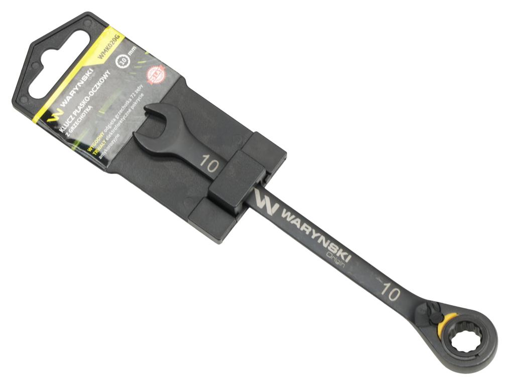Klucz płasko-oczkowy 10mm z grzechotką podgiętą dwukierunkową 72 zęby standard ASME B107-2010, Waryński