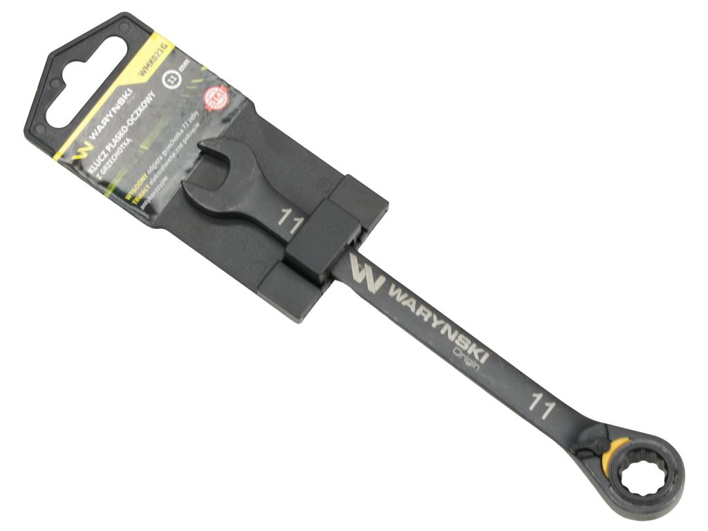 Klucz płasko-oczkowy 11mm z grzechotką podgiętą dwukierunkową 72 zęby standard ASME B107-2010, Waryński