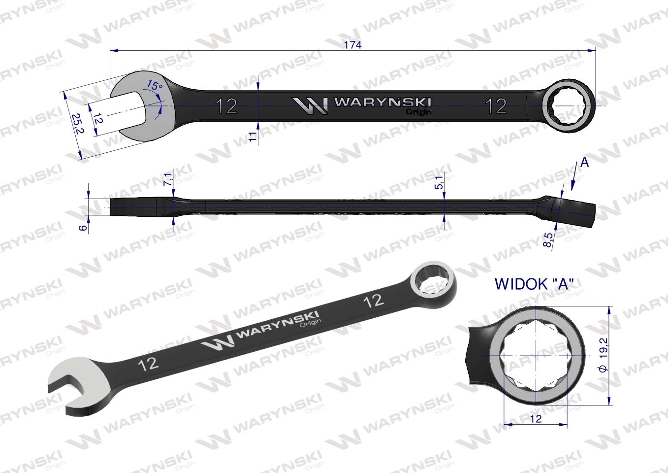 Klucz płasko-oczkowy 12 mm. CrV  standard ASME B107-2010 Waryński