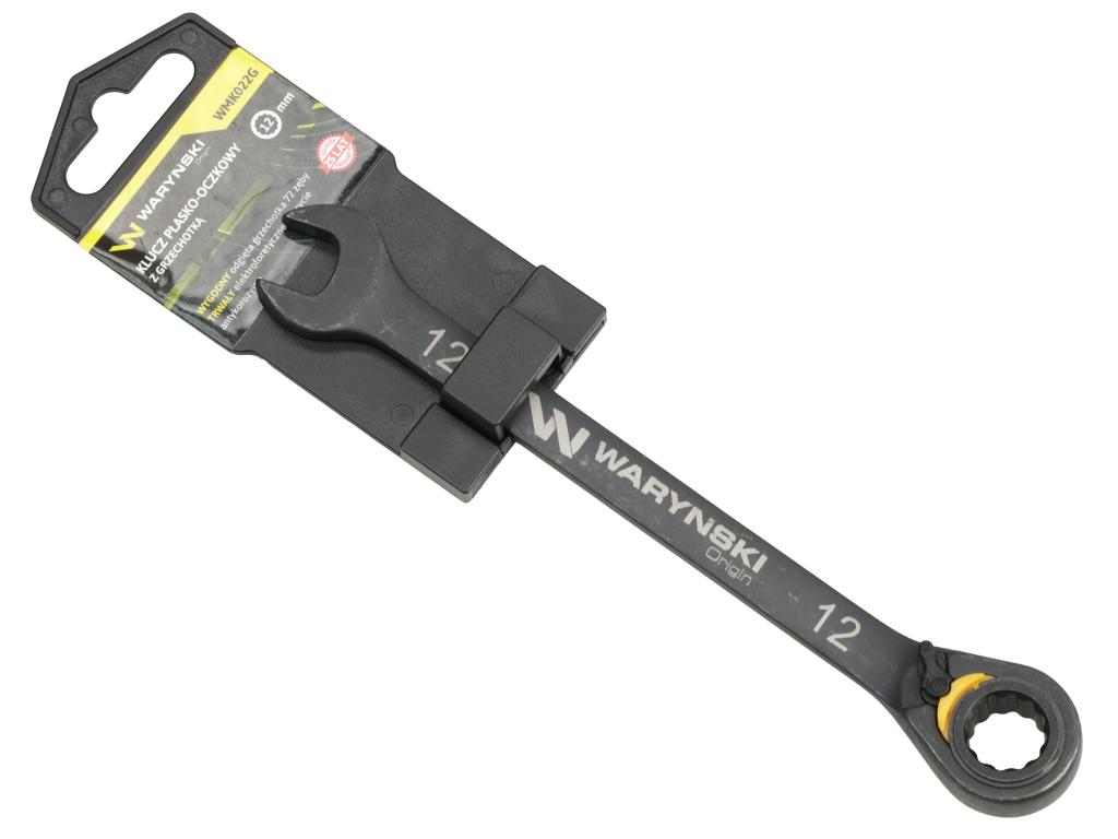 Klucz płasko-oczkowy 12mm z grzechotką podgiętą dwukierunkową 72 zęby standard ASME B107-2010, Waryński