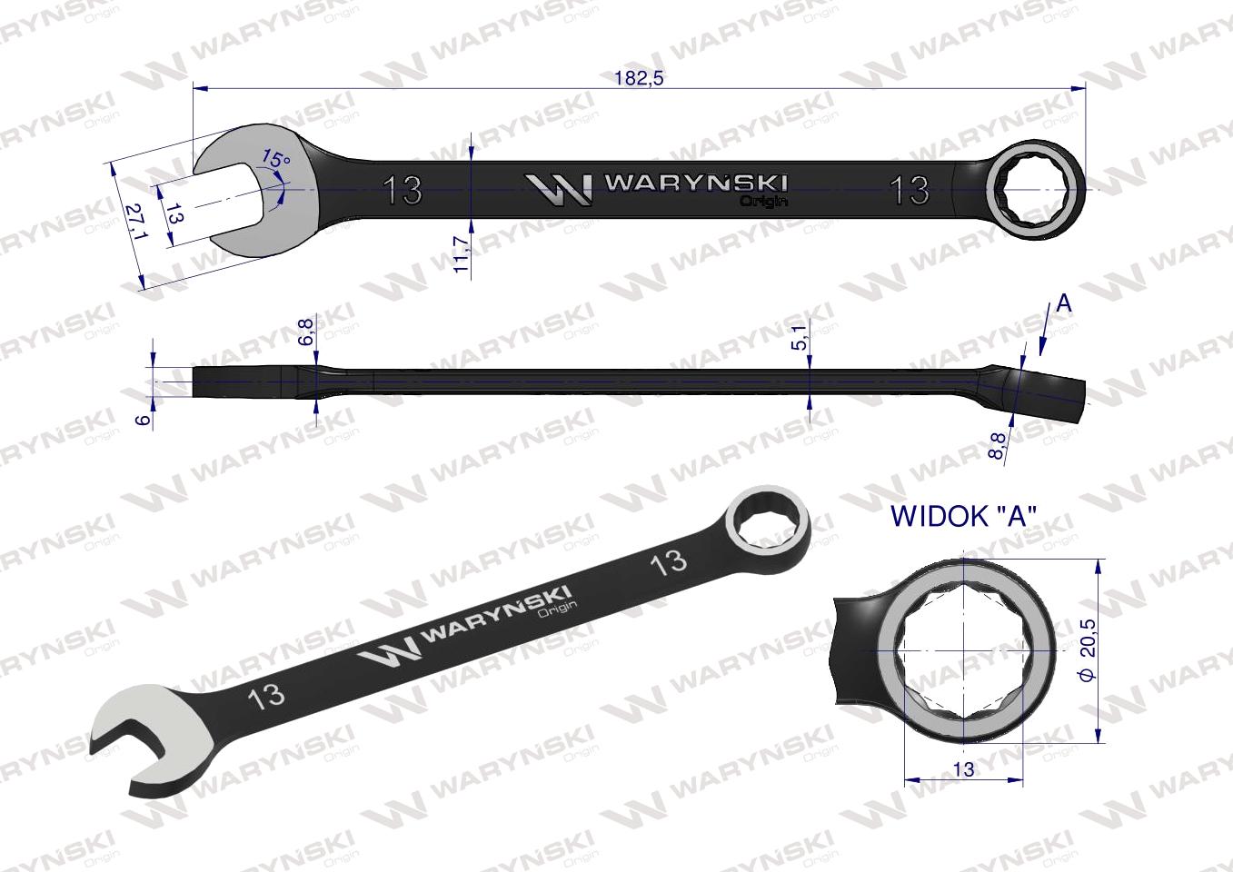 Klucz płasko-oczkowy 13 mm. CrV  standard ASME B107-2010 Waryński