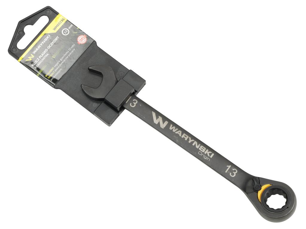Klucz płasko-oczkowy 13mm z grzechotką podgiętą dwukierunkową 72 zęby standard ASME B107-2010, Waryński